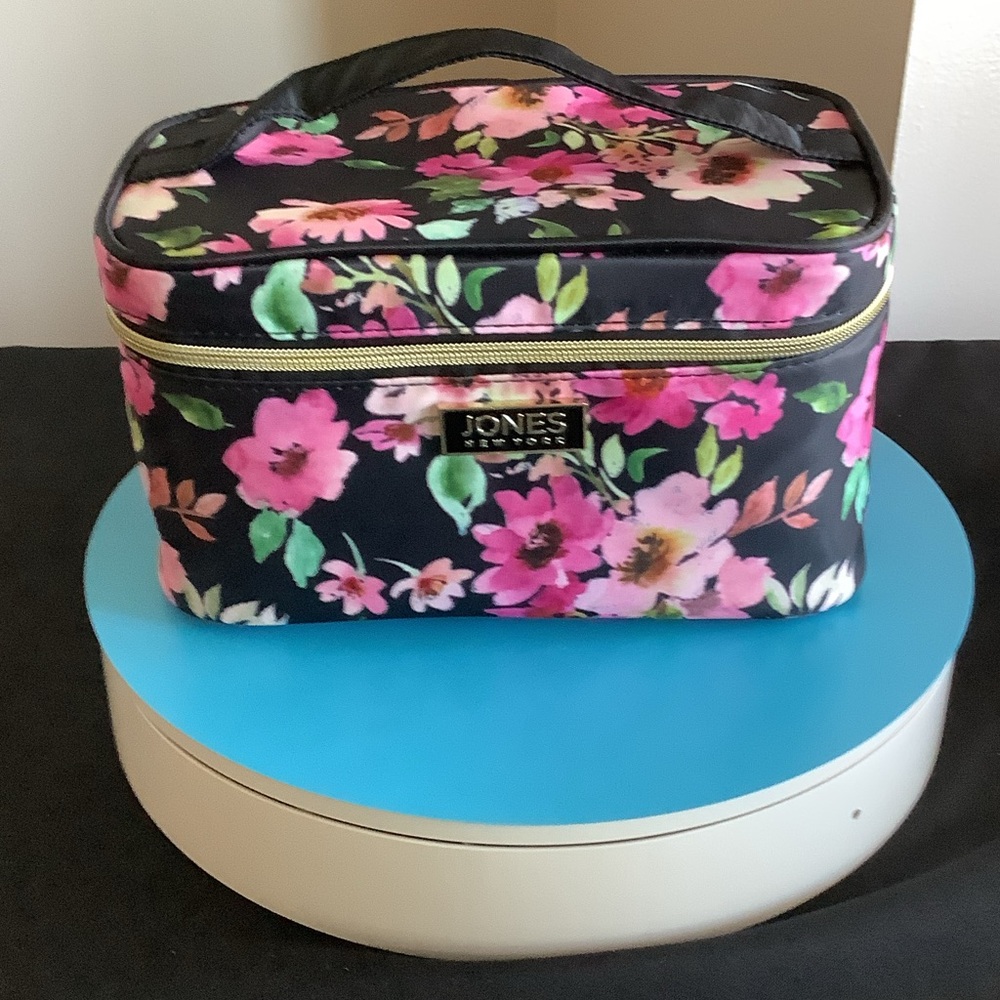 Jones New York Black Floral Makeup Train Case with Pink Flowers